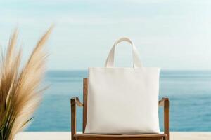 White tote bag resting on a wooden table near the beach with calm water and clear sky photo
