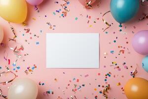 Colorful celebration setup with balloons and confetti on a pink background for party invitations photo