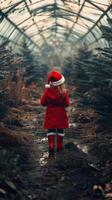 Child in red coat and Santa hat enjoys holiday atmosphere in a greenhouse full of Christmas trees photo
