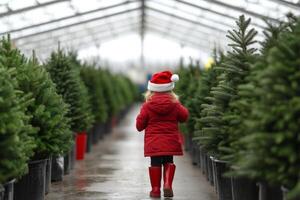 Child in red coat and Santa hat walking through a greenhouse with Christmas trees during winter photo