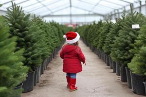 Child in red coat and Santa hat walking through a greenhouse with Christmas trees during winter photo