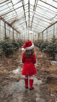 Child in red coat and Santa hat enjoys holiday atmosphere in a greenhouse full of Christmas trees photo