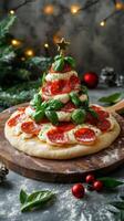 Savory pepperoni pizza garnished with fresh basil on a wooden serving board photo