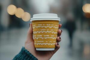 Warm cup of coffee held by a person on a city street during the morning photo