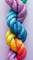 Colorful twisted rope featuring a vibrant rainbow gradient on a light background photo