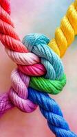 Colorful twisted rope featuring a vibrant rainbow gradient on a light background photo