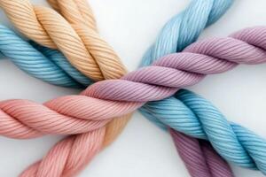 Various pastel colored threads woven together creating an artistic arrangement on a white background photo