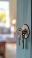 Keys hanging on a door lock in a bright living room setting during the day photo