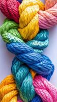 Colorful twisted rope featuring a vibrant rainbow gradient on a light background photo