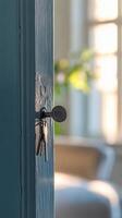 Keys hanging on a door lock in a bright living room setting during the day photo