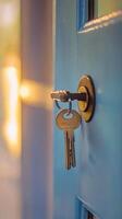 Keys hanging on a door lock in a bright living room setting during the day photo