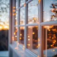 Soft twinkling lights illuminate a window during sunset in a cozy setting photo