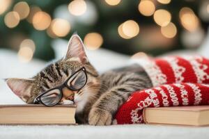Cozy cat wearing glasses rests on books with festive background lights in daytime photo