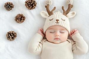 Baby wearing reindeer hat surrounded by pine cones and evergreen branches photo