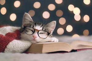 Cozy cat wearing glasses rests on books with festive background lights in daytime photo