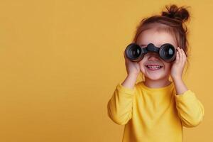 Child with binoculars on yellow background enjoying exploration and adventure photo