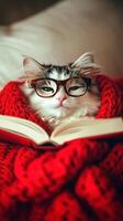 Cat in glasses reading a book while wearing a cozy sweater on a soft bed photo