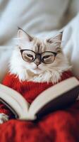 Cat in glasses reading a book while wearing a cozy sweater on a soft bed photo