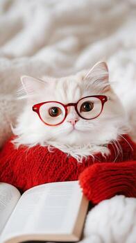 Cat in glasses reading a book while wearing a cozy sweater on a soft bed photo