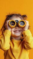Child with binoculars enjoys playful exploration against a vibrant yellow background photo