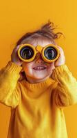 Child with binoculars enjoys playful exploration against a vibrant yellow background photo