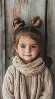 Young girl with playful hairstyle and cozy scarf poses against wooden background in autumn photo