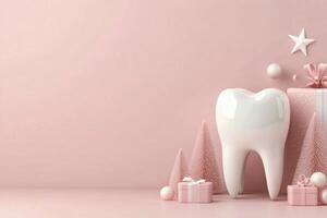 Celebration of dental health with festive decorations and gifts in a pastel pink setting photo