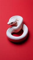 White snake coiled gracefully against a vivid red background in an artistic display photo