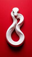 White snake coiled gracefully against a vivid red background in an artistic display photo