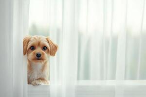 Cute dog peeking from behind white curtains in a bright room during daytime photo