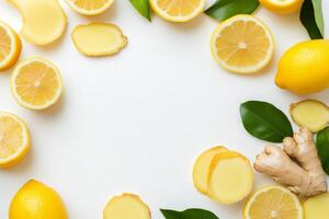 Fresh lemons and ginger displayed with basil leaves on a white surface for health benefits photo
