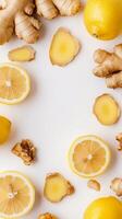 Fresh lemons and ginger arranged on a white surface for a natural food display photo