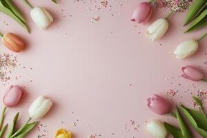 Colorful Easter eggs arranged on a soft pink background for festive celebrations photo