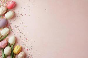 Colorful Easter eggs arranged on a soft pink background for festive celebrations photo