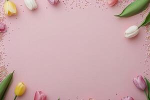 Colorful Easter eggs arranged on a soft pink background for festive celebrations photo