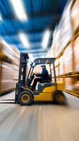 Forklift operator transporting goods in a busy warehouse during daylight hours photo