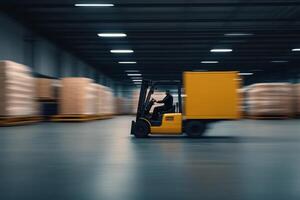 Busy warehouse operations with a forklift moving quickly past stacked pallets during night shift photo