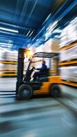 Forklift operator transporting goods in a busy warehouse during daylight hours photo