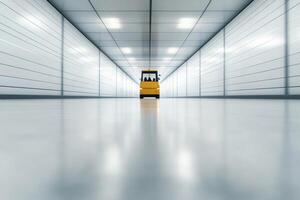 Busy warehouse operations with a forklift moving quickly past stacked pallets during night shift photo