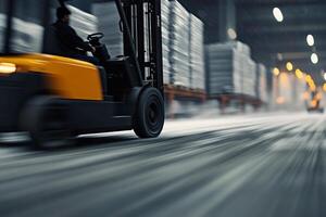 Busy warehouse operations with a forklift moving quickly past stacked pallets during night shift photo