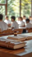 Group study session in a bright classroom with a focus on law books and gavel photo