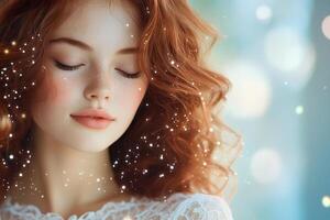 Young woman with curly red hair enjoys a moment of calm in a sunlit room surrounded by greenery photo