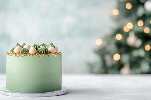 Festive holiday cake decorated with green frosting and ornaments on a blurred background photo