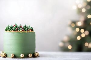 Festive holiday cake decorated with green frosting and ornaments on a blurred background photo