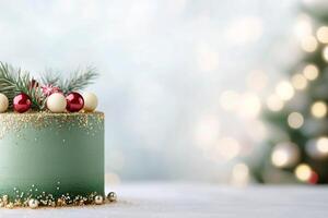 Festive holiday cake decorated with green frosting and ornaments on a blurred background photo