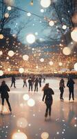 Ice skating festivities at a winter market with twinkling lights in a snowy setting photo