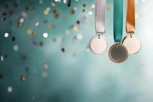 Medals displayed with colorful confetti falling in the background during a celebratory event photo