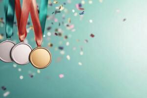 Medals displayed with colorful confetti falling in the background during a celebratory event photo