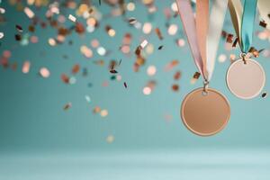 Medals displayed with colorful confetti falling in the background during a celebratory event photo