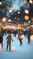 Ice skating festivities at a winter market with twinkling lights in a snowy setting photo